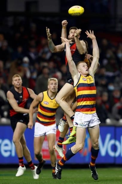 Cale Hooker of the Bombers attempts to mark during the round 17 AFL match between Essendon Bombers and Adelaide Crows at Marvel Stadium on July 09,...