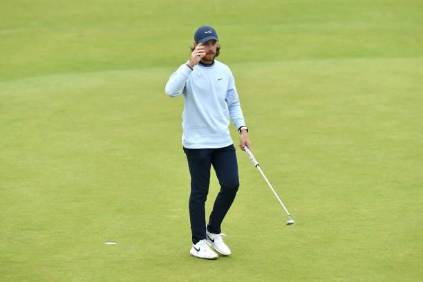 Tommy Fleetwood of England acknowledges the crowd on the 18th green during Day Two of the abrdn Scottish Open at The Renaissance Club on July 09,...