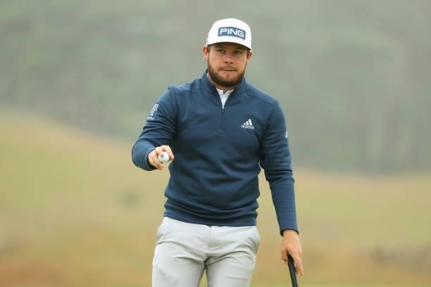 Tyrrell Hatton of England acknowledges the crowd on the 18th green during Day Two of the abrdn Scottish Open at The Renaissance Club on July 09, 2021...