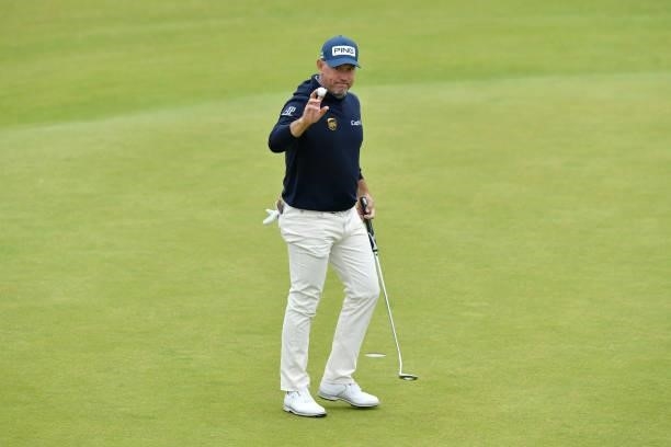 Lee Westwood of England acknowledges the crowd on the 18th green during Day Two of the abrdn Scottish Open at The Renaissance Club on July 09, 2021...