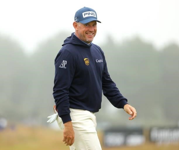 Lee Westwood of England smiles on the 18th green during Day Two of the abrdn Scottish Open at The Renaissance Club on July 09, 2021 in North Berwick,...