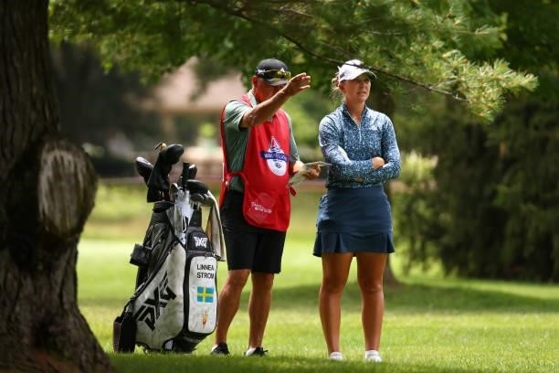 Linnea Strom of Sweden and her caddie on the fourth hole during the second round of the Marathon LPGA Classic presented by Dana at Highland Meadows...