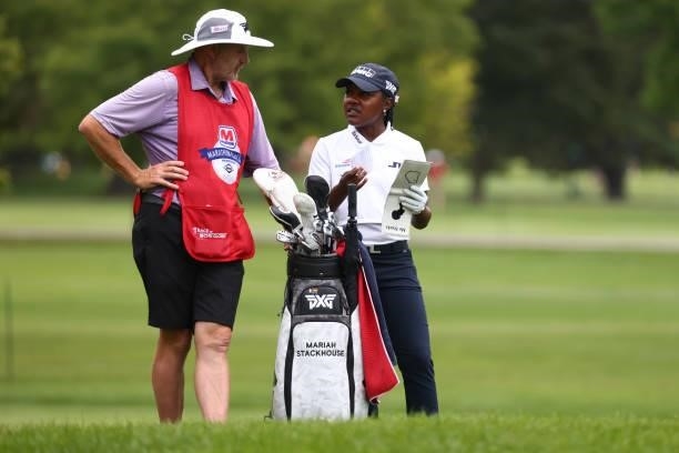 Mariah Stackhouse and her caddie on the fifth hole during the second round of the Marathon LPGA Classic presented by Dana at Highland Meadows Golf...