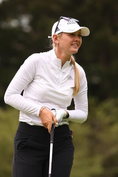 Jessica Korda watches her drive on the seventh hole during the second round of the Marathon LPGA Classic presented by Dana at Highland Meadows Golf...