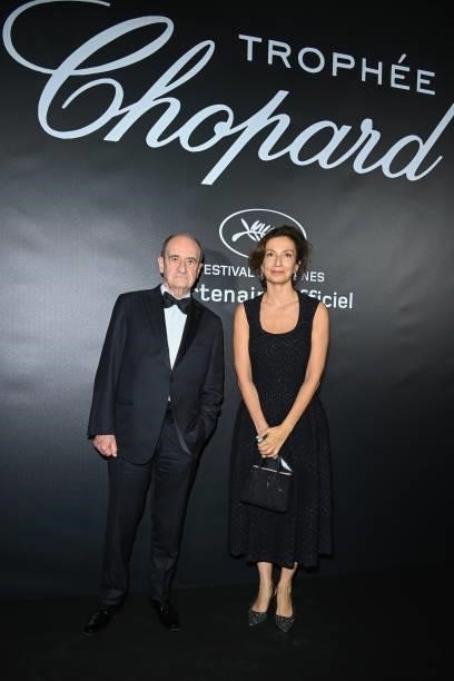 President of the Cannes Film Festival Pierre Lescure and Audrey Azoulay attend the photocall ahead of the Chopard Trophy dinner during the 74th...