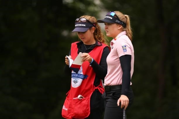 Brooke Henderson of Canada on the sixth green with her caddie and sister Brittany Henderson during the second round of the Marathon LPGA Classic...