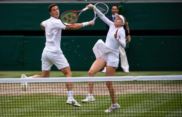 Joe Salisbury and Harriet Dart of Great Britain in action against Kevin Krawietz of Germany and Kveta Peschke of the Czech Republic during Day Eleven...