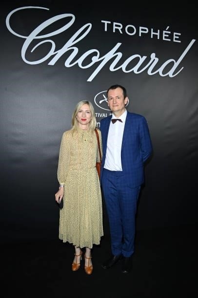 Jessica Hausner and guest attend the photocall ahead of the Chopard Trophy dinner during the 74th annual Cannes Film Festival on July 09, 2021 in...