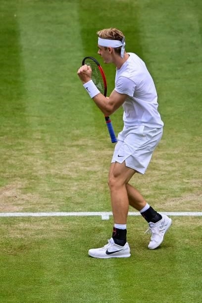 Dennis Shapovalov of Canada celebrates during his match against Novak Djokovic of Serbia in the semi-finals of the gentlemen's singles during Day...