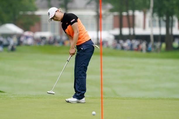 Eri Fukuyama of Japan putts on the 1st hole during the third round of the Nipponham Ladies Classic at Katsura Golf Club on July 10, 2021 in...