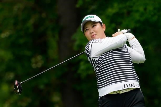 Saki Asai of Japan hits her tee shot on the 2nd hole during the third round of the Nipponham Ladies Classic at Katsura Golf Club on July 10, 2021 in...