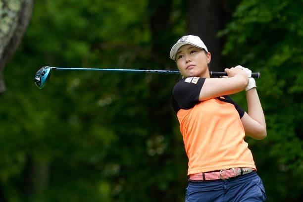 Eri Fukuyama of Japan hits her tee shot on the 2nd hole during the third round of the Nipponham Ladies Classic at Katsura Golf Club on July 10, 2021...