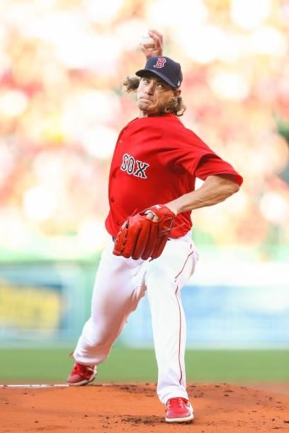 Garrett Richards of the Boston Red Sox pitches in the firsts inning of a game against the Philadelphia Phillies at Fenway Park on July 9, 2021 in...