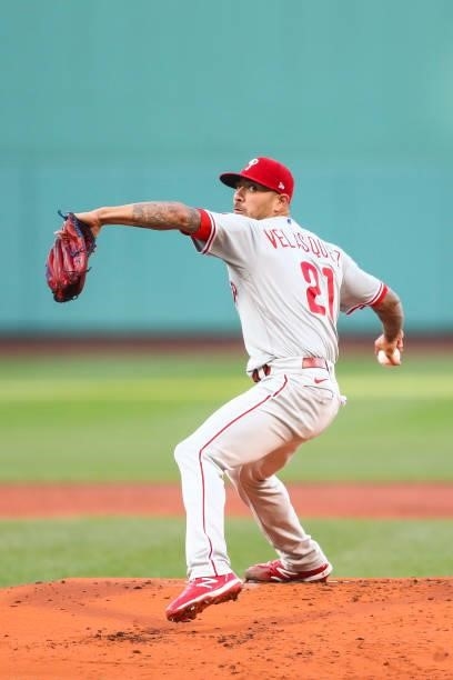 Vince Velasquez of the Philadelphia Phillies pitches in the first inning of a game against the Boston Red Sox at Fenway Park on July 9, 2021 in...