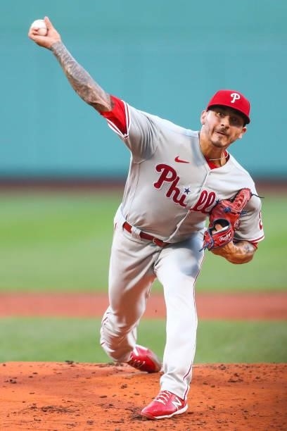 Vince Velasquez of the Philadelphia Phillies pitches in the first inning of a game against the Boston Red Sox at Fenway Park on July 9, 2021 in...