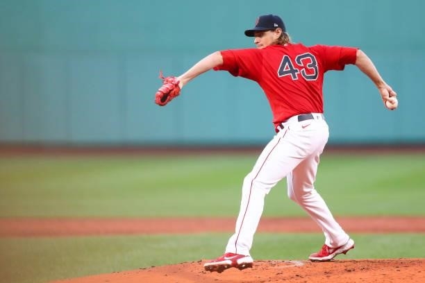 Garrett Richards of the Boston Red Sox pitches in the firsts inning of a game against the Philadelphia Phillies at Fenway Park on July 9, 2021 in...