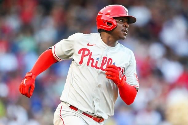 Didi Gregorius of the Philadelphia Phillies hits a double in the second inning of a game against the Boston Red Sox at Fenway Park on July 9, 2021 in...