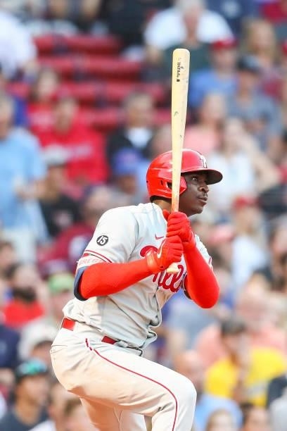 Didi Gregorius of the Philadelphia Phillies hits a double in the second inning of a game against the Boston Red Sox at Fenway Park on July 9, 2021 in...