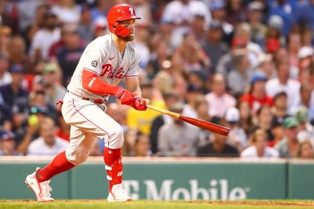 Bryce Harper of the Philadelphia Phillies bats during a game against the Boston Red Sox at Fenway Park on July 9, 2021 in Boston, Massachusetts.