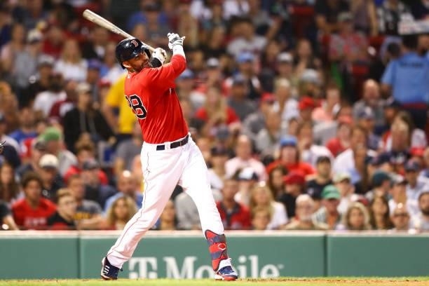 Martinez of the Boston Red Sox hits a double in the third inning of a game against the Philadelphia Phillies at Fenway Park on July 9, 2021 in...