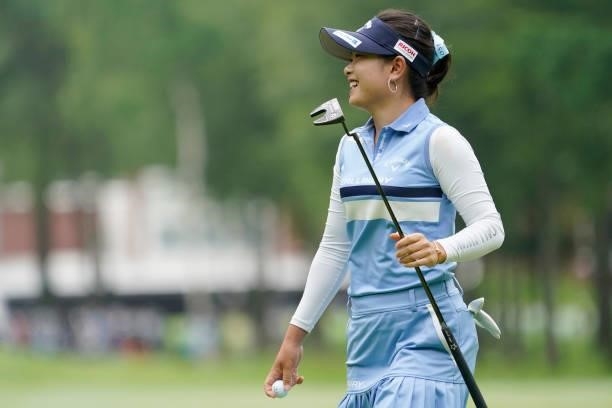 Yui Kawamoto of Japan celebrates after making her birdie putt on the 1st hole during the third round of the Nipponham Ladies Classic at Katsura Golf...