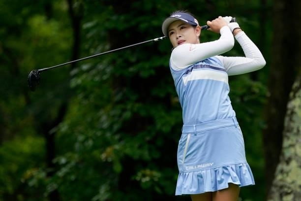 Yui Kawamoto of Japan hits her tee shot on the 2nd hole during the third round of the Nipponham Ladies Classic at Katsura Golf Club on July 10, 2021...