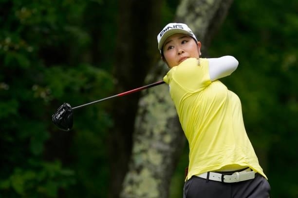 Mamiko Higa of Japan hits her tee shot on the 2nd hole during the third round of the Nipponham Ladies Classic at Katsura Golf Club on July 10, 2021...