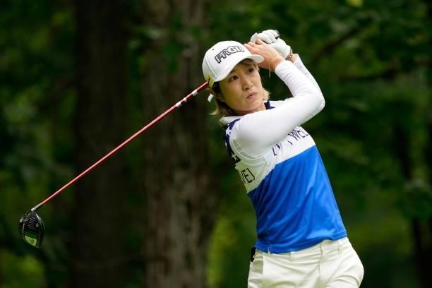 Asako Fujimoto of Japan hits her tee shot on the 2nd hole during the third round of the Nipponham Ladies Classic at Katsura Golf Club on July 10,...
