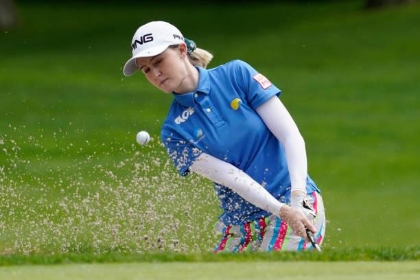 Karis Davidson of Australia hits from a bunker on the 2nd hole during the third round of the Nipponham Ladies Classic at Katsura Golf Club on July...