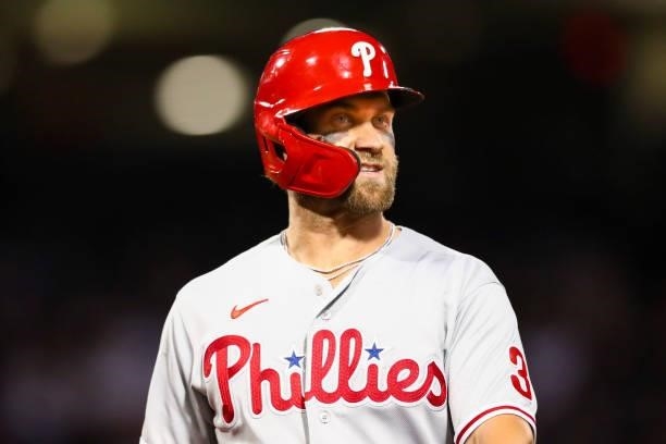Bryce Harper of the Philadelphia Phillies looks on during a game against the Boston Red Sox at Fenway Park on July 9, 2021 in Boston, Massachusetts.