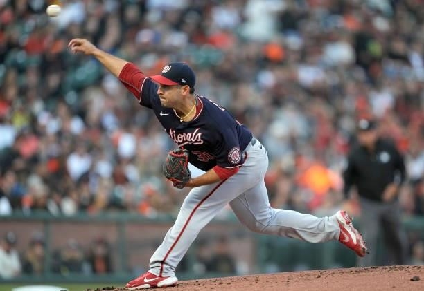 Paolo Espino of the Washington Nationals pitches against the San Francisco Giants in the bottom of the first inning at Oracle Park on July 09, 2021...