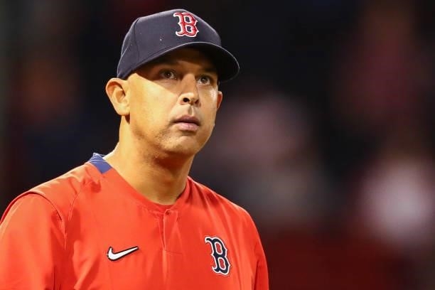 Boston Red Sox Manager Alex Cora looks on after a victory over the Philadelphia Phillies at Fenway Park on July 9, 2021 in Boston, Massachusetts.