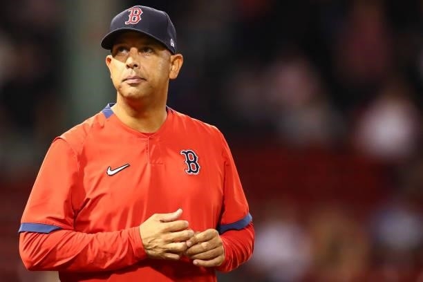Boston Red Sox Manager Alex Cora looks on after a victory over the Philadelphia Phillies at Fenway Park on July 9, 2021 in Boston, Massachusetts.
