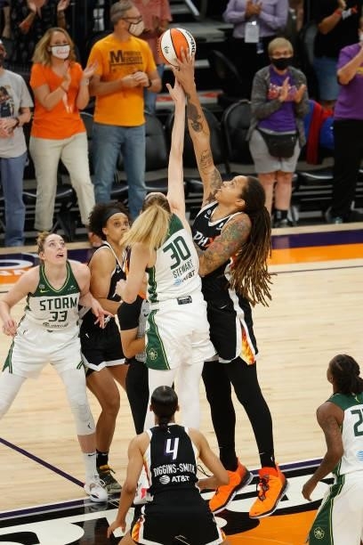 Brittney Griner of the Phoenix Mercury and Breanna Stewart of the Seattle Storm jump for the opening tip during the first half of the WNBA game at...