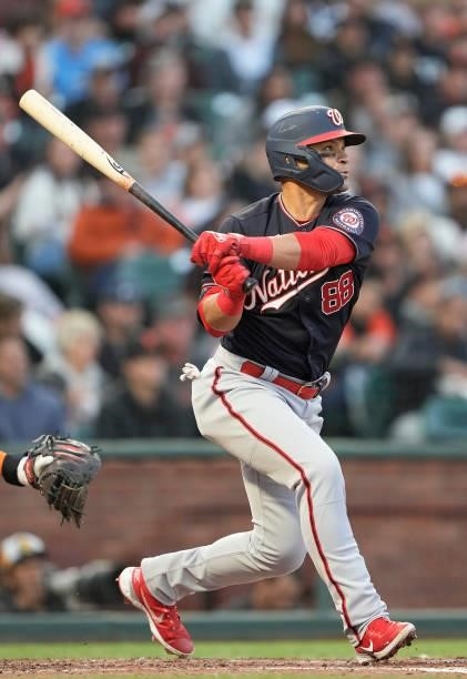 Gerardo Parra of the Washington Nationals hits an RBI single scoring Tres Barrera against the San Francisco Giants in the top of the fourth inning at...