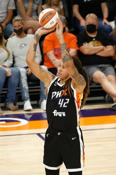 Brittney Griner of the Phoenix Mercury shoots against the Seattle Storm during the first half of the WNBA game at Phoenix Suns Arena on July 09, 2021...