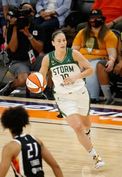 Sue Bird of the Seattle Storm handles the ball against the Phoenix Mercury during the first half of the WNBA game at Phoenix Suns Arena on July 09,...