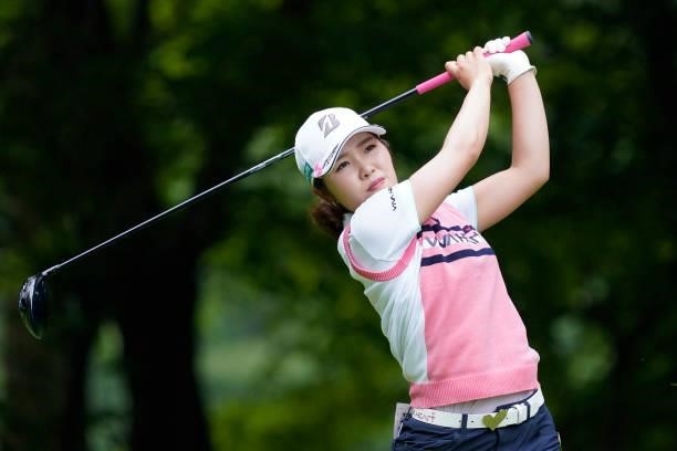 Ayaka Furue of Japan hits her tee shot on the 3rd hole during the third round of the Nipponham Ladies Classic at Katsura Golf Club on July 10, 2021...