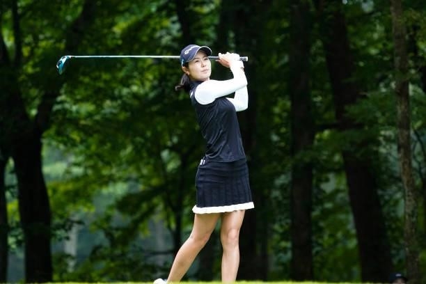 Ayaka Matsumori of Japan hits her tee shot on the 3rd hole during the third round of the Nipponham Ladies Classic at Katsura Golf Club on July 10,...