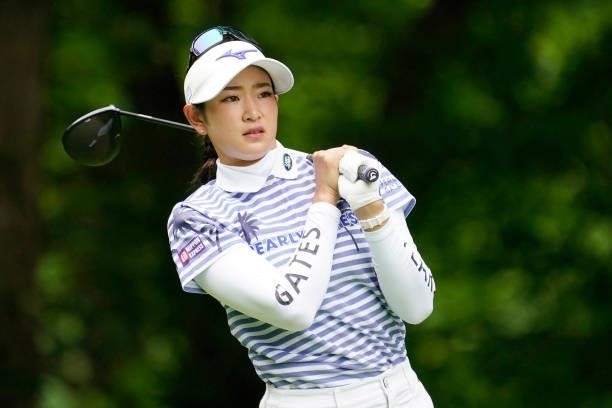 Erika Hara of Japan hits her tee shot on the 3rd hole during the third round of the Nipponham Ladies Classic at Katsura Golf Club on July 10, 2021 in...