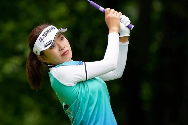 Maria Shinohara of Japan hits her tee shot on the 3rd hole during the third round of the Nipponham Ladies Classic at Katsura Golf Club on July 10,...