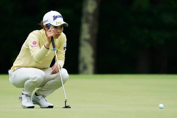 Hiromu Ono of Japan lines up her putt on the 2nd hole during the third round of the Nipponham Ladies Classic at Katsura Golf Club on July 10, 2021 in...