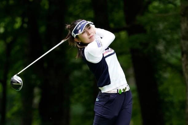 Aya Ezawa of Japan hits her tee shot on the 3rd hole during the third round of the Nipponham Ladies Classic at Katsura Golf Club on July 10, 2021 in...