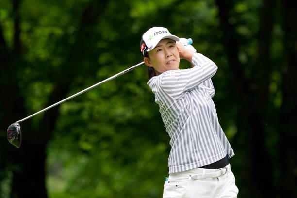 Yoko Maeda of Japan hits her tee shot on the 3rd hole during the third round of the Nipponham Ladies Classic at Katsura Golf Club on July 10, 2021 in...