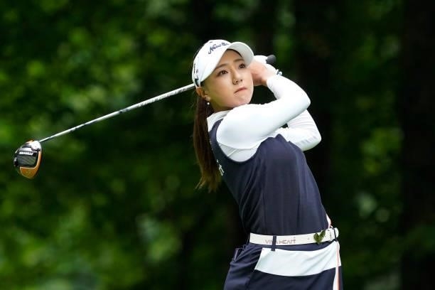 Naruha Miyata of Japan hits her tee shot on the 3rd hole during the third round of the Nipponham Ladies Classic at Katsura Golf Club on July 10, 2021...