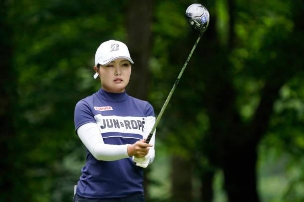 Sayaka Takahashi of Japan hits her tee shot on the 3rd hole during the third round of the Nipponham Ladies Classic at Katsura Golf Club on July 10,...