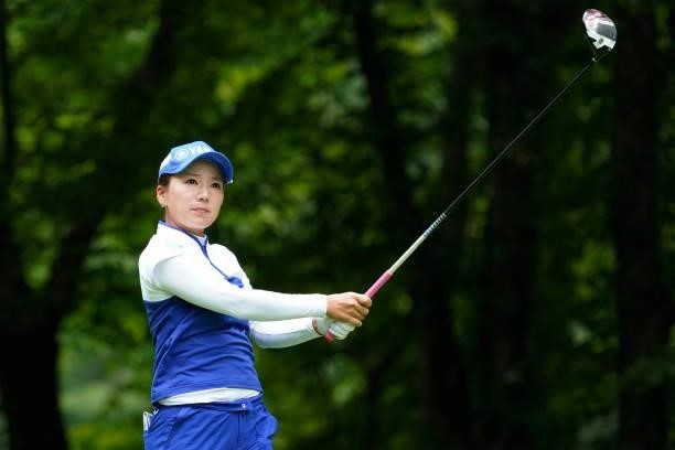 Chie Arimura of Japan hits her tee shot on the 3rd hole during the third round of the Nipponham Ladies Classic at Katsura Golf Club on July 10, 2021...