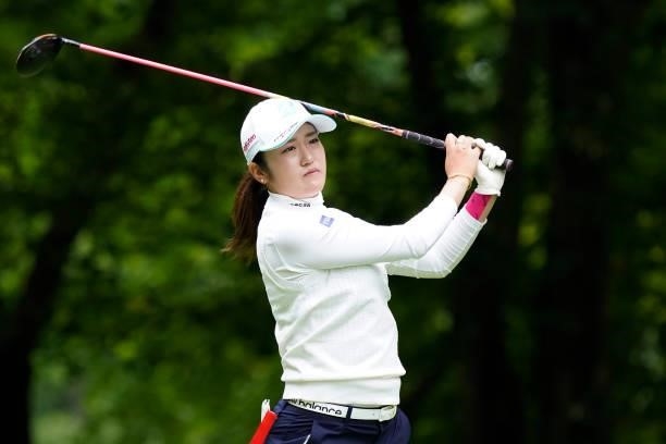 Mone Inami of Japan hits her tee shot on the 3rd hole during the third round of the Nipponham Ladies Classic at Katsura Golf Club on July 10, 2021 in...