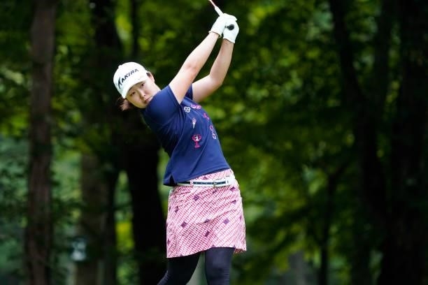 Mio Kotaki of Japan hits her tee shot on the 3rd hole during the third round of the Nipponham Ladies Classic at Katsura Golf Club on July 10, 2021 in...