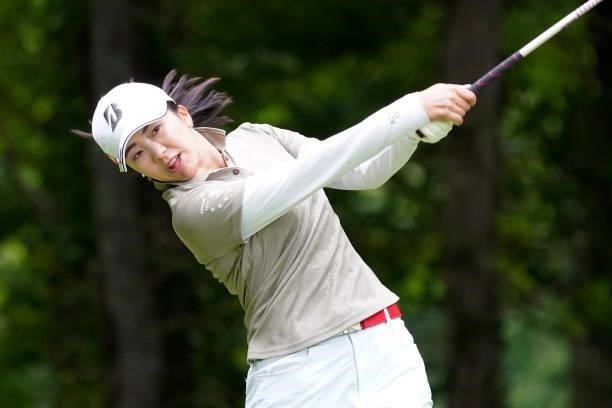Kotone Hori of Japan hits her tee shot on the 3rd hole during the third round of the Nipponham Ladies Classic at Katsura Golf Club on July 10, 2021...